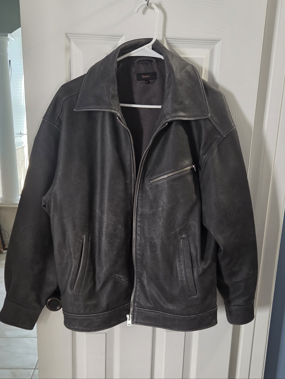 Quince Women's Black Leather Zip-Front Jacket